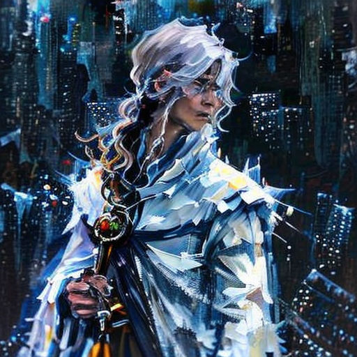 a painting of a woman with a sword in her hand and a city in the background with buildings and skyscrapers