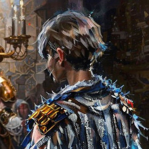a painting of a man in a costume with a sword and other people in the background behind him,