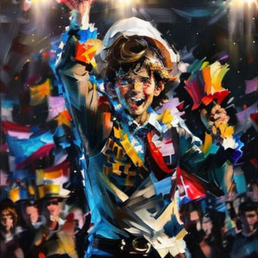 a painting of a man with a hat and a flag on his head and arms in the air, surrounded by people