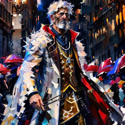 a painting of a man in a costume with a sword and a sword in his hand, surrounded by other people