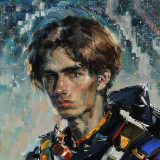 a painting of a man with a gun in his hand and a city in the background with stars in the sky