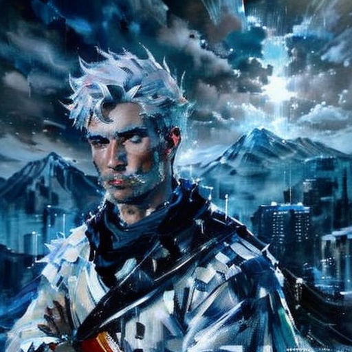 a man with white hair and a white haircut holding a guitar in front of a cityscape