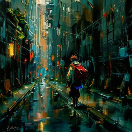 a painting of a person walking down a street in the rain with an umbrella on a rainy day with buildings and a street light