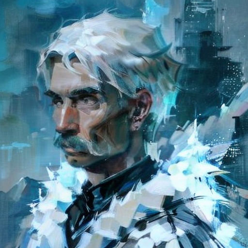 a painting of a man with white hair and a beard in a cityscape background with a blue sky