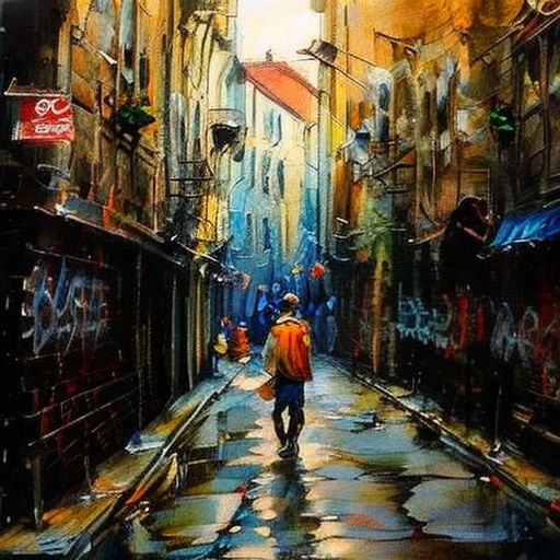 a painting of a person walking down a street in the rain with an umbrella on a rainy day with graffiti on the walls