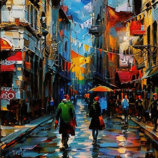 a painting of people walking down a street in the rain with umbrellas on a rainy day in a city