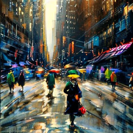 a painting of people walking down a city street in the rain with umbrellas on a rainy day with buildings and street lights