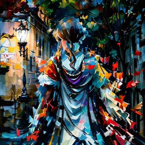 a painting of a woman walking down a street with a umbrella over her head and a tree in the background