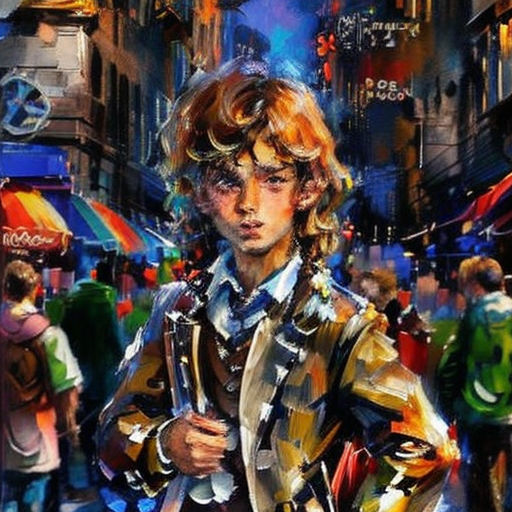 a painting of a man in a suit and tie standing in a crowded street with people walking around him