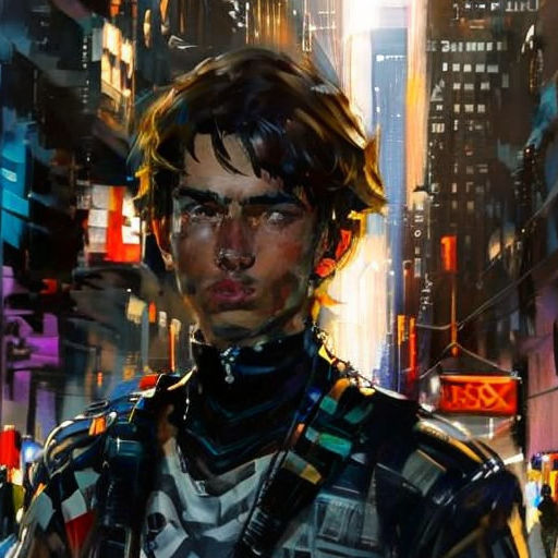 a man in a futuristic suit standing in a city street at night with a neon light behind him and a cityscape in the background