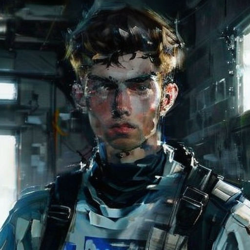 a man with a futuristic suit and a futuristic helmet on his head, standing in a warehouse with a machine gun in his hand