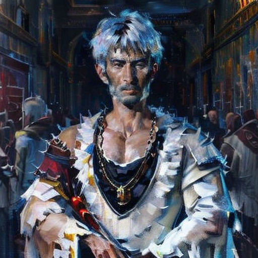 a painting of a man in a white outfit with a sword in his hand and a crowd of people in the background