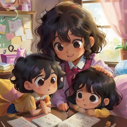 a woman and two children are sitting at a desk with books and papers in front of them, and a window