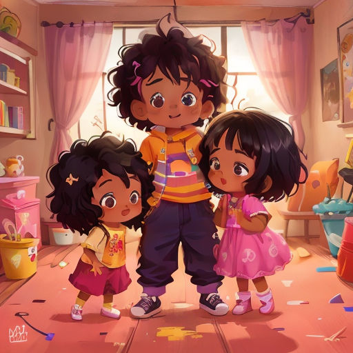 a group of children standing in a room with a window and a pink rug on the floor and a pink rug on the floor