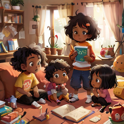 a group of children sitting on a floor next to a book and a teddy bear in a room with a window