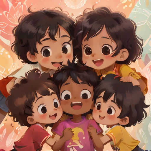 a group of children standing next to each other in front of a painting of a woman and two children