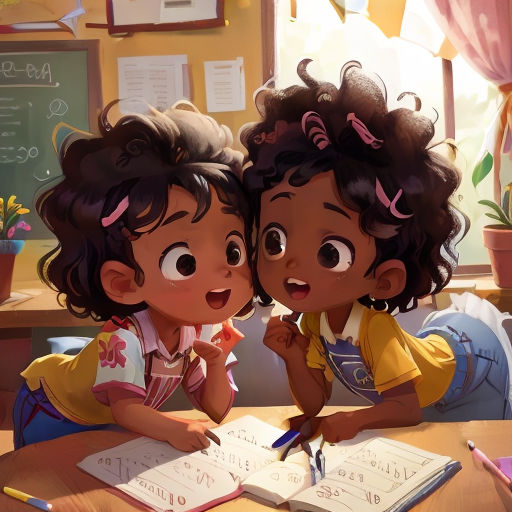 two children are sitting at a desk writing on paper and looking at a book with a pen in it