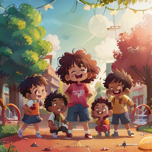 a group of children standing in a park together, with a boy holding a basketball ball in the middle of the picture