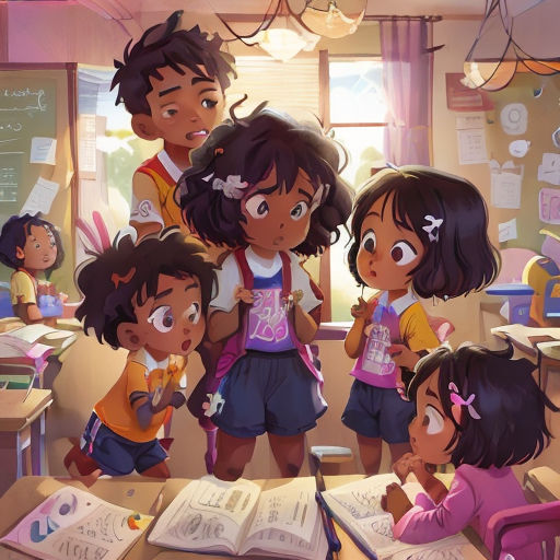 a group of children standing around a desk in a classroom with books and papers on it, and a teacher reading
