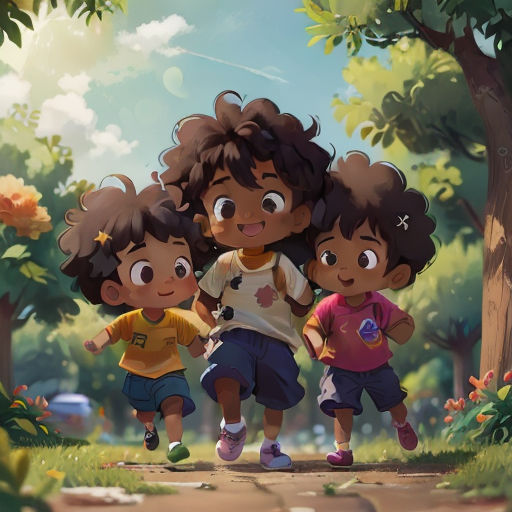 a group of children running through a park together in the daytime time, with trees and flowers in the background