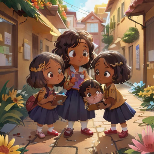 three little girls standing in the middle of a street with flowers on the ground and buildings in the background