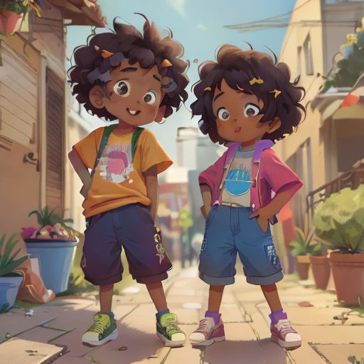 two children standing on a sidewalk in a cartoon style, one is wearing a yellow shirt and the other is wearing a blue shirt