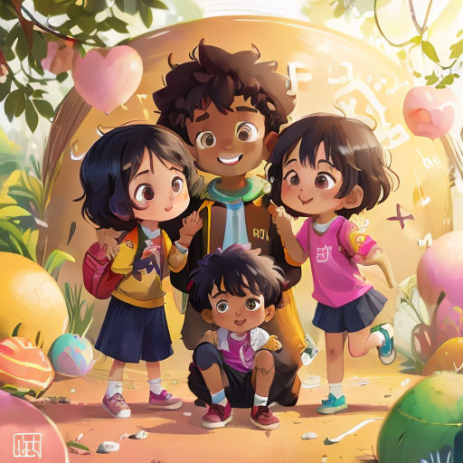 a group of children standing next to each other in front of balloons and balloons on the ground with a balloon in the air
