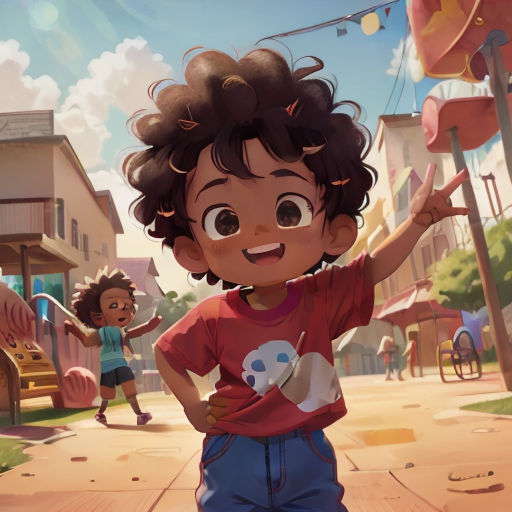 a young boy is standing in the street with his arms outstretched and a girl is standing behind him and a girl is standing behind him