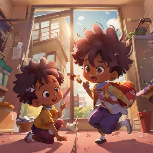 two children playing in a room with a door open and a window open to the outside of the room