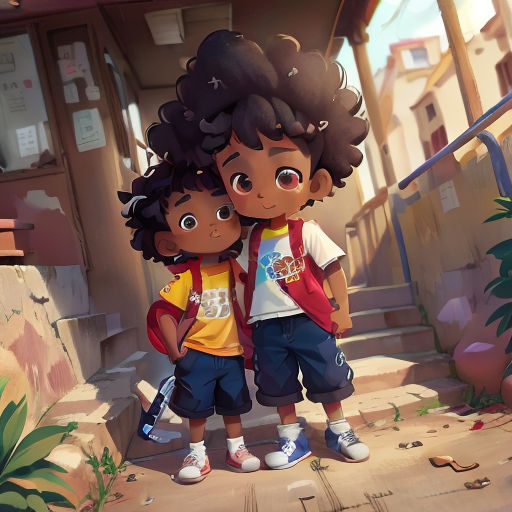 two children standing on a sidewalk in front of a building with a sign that says, i love you