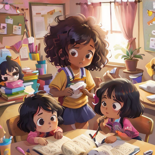a group of children sitting at a table with books and pencils in front of them, with a window in the background
