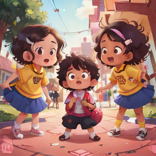 three children are standing in the middle of a street with a building in the background and a woman is holding a backpack