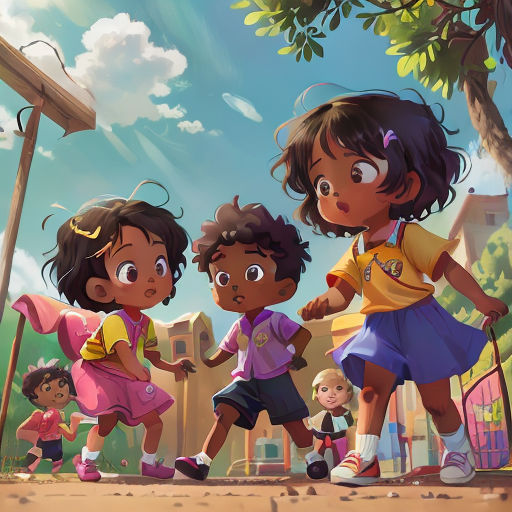 a group of children playing in a park with a dog and a bird on a fence in the background