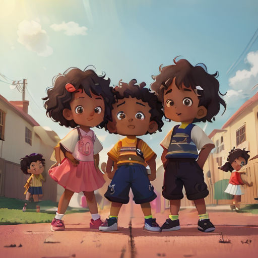 a group of children standing on a street next to a building and a sky background with clouds in the sky