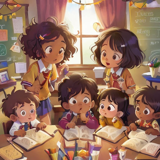 a group of children sitting at a desk with books in front of them and a window behind them with a light
