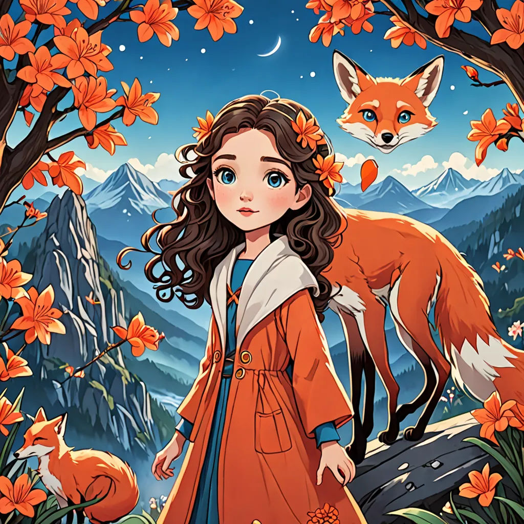a girl in a red coat standing in front of a fox and flowers with a mountain background and moon, fantasy art, a storybook illustration, Clarice Beckett, storybook illustration