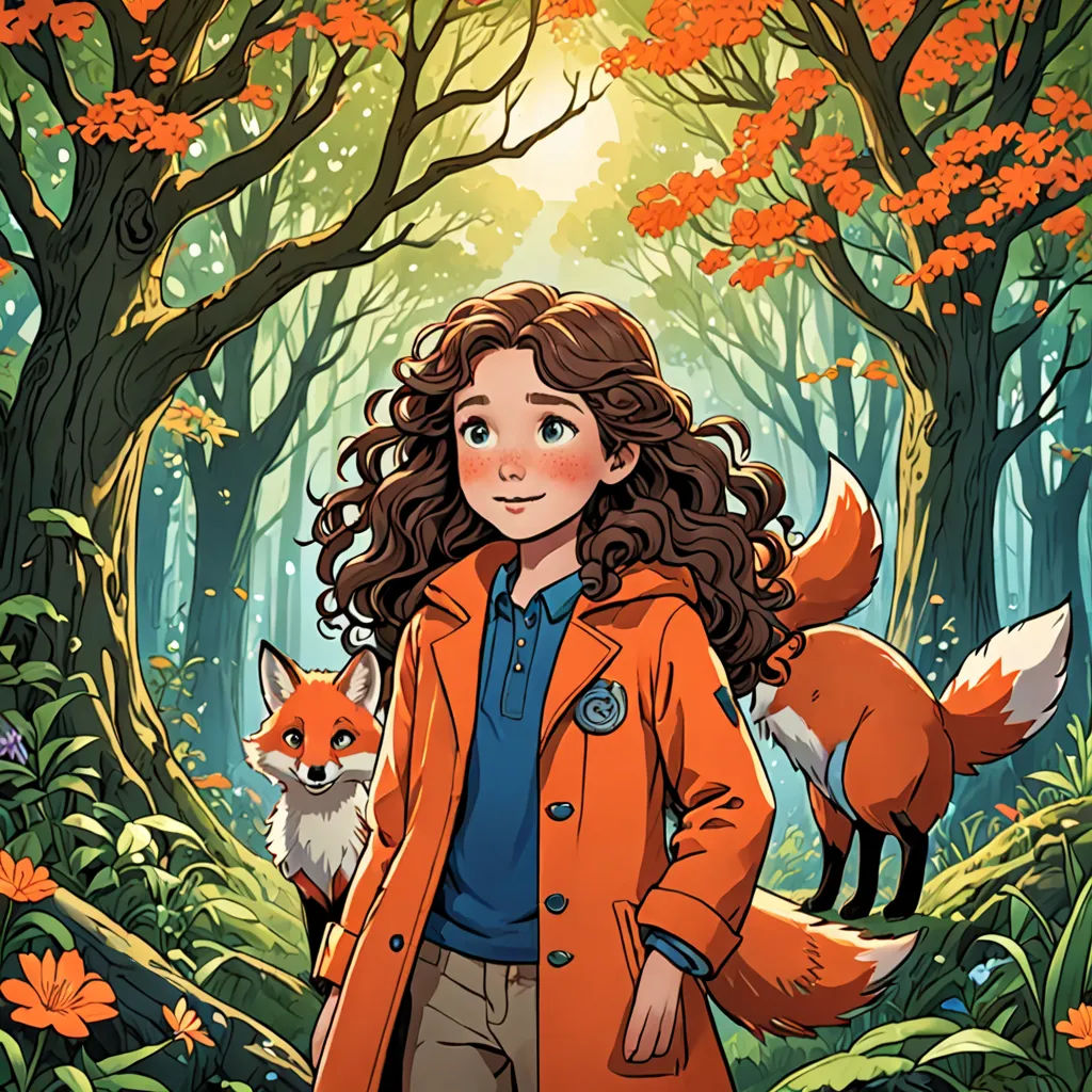 a girl in an orange coat is standing in a forest with a fox on her shoulder and a red fox on her shoulder, process art, a storybook illustration, Clarice Beckett, comic cover art