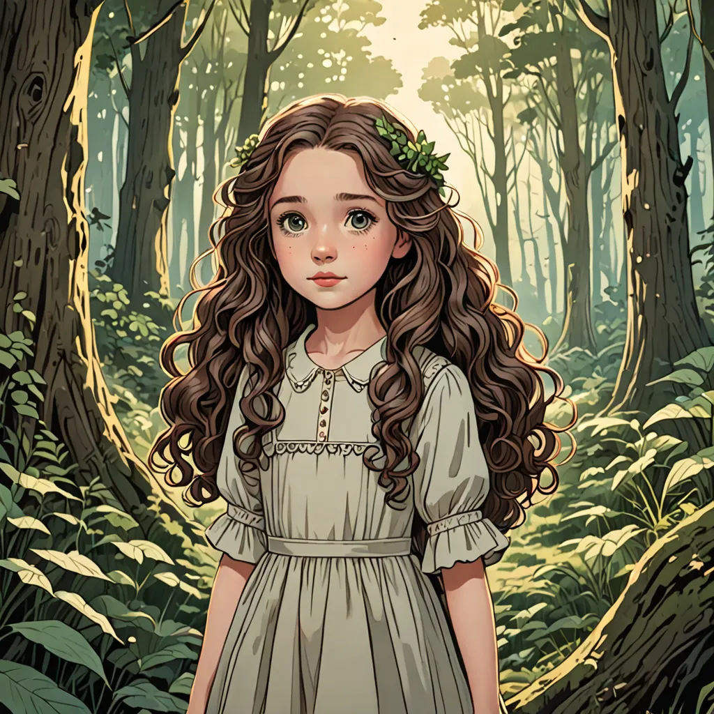 a girl in a forest with long hair and a wreath on her head is standing in front of a tree, fantasy art, a storybook illustration, Charlie Bowater, deviantart artstation