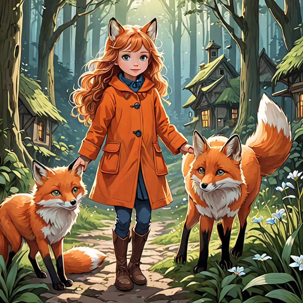 a girl in an orange coat is walking with two foxes in a forest with a house in the background, furry art, a storybook illustration, Cliff Childs, official art