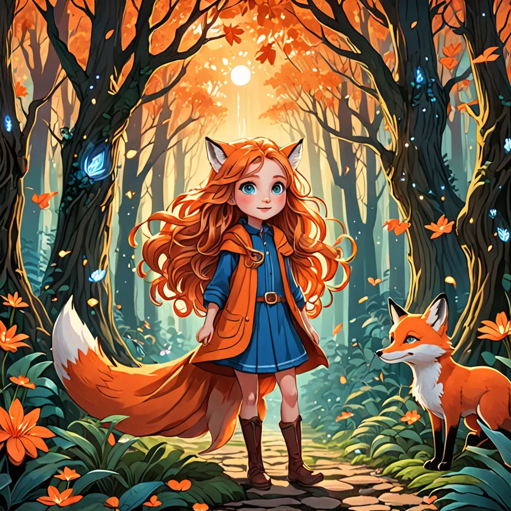 a girl in a blue dress and a fox in a forest with leaves and flowers on the ground and a light shining through the trees, fantasy art, a storybook illustration, Cliff Childs, trending on art station