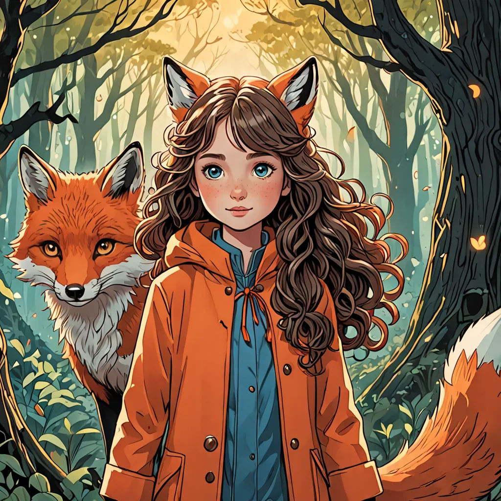 a girl in a red jacket is standing in a forest with a fox on her shoulder and a red jacket on her shoulder, furry art, a storybook illustration, Cliff Childs, trending on art station