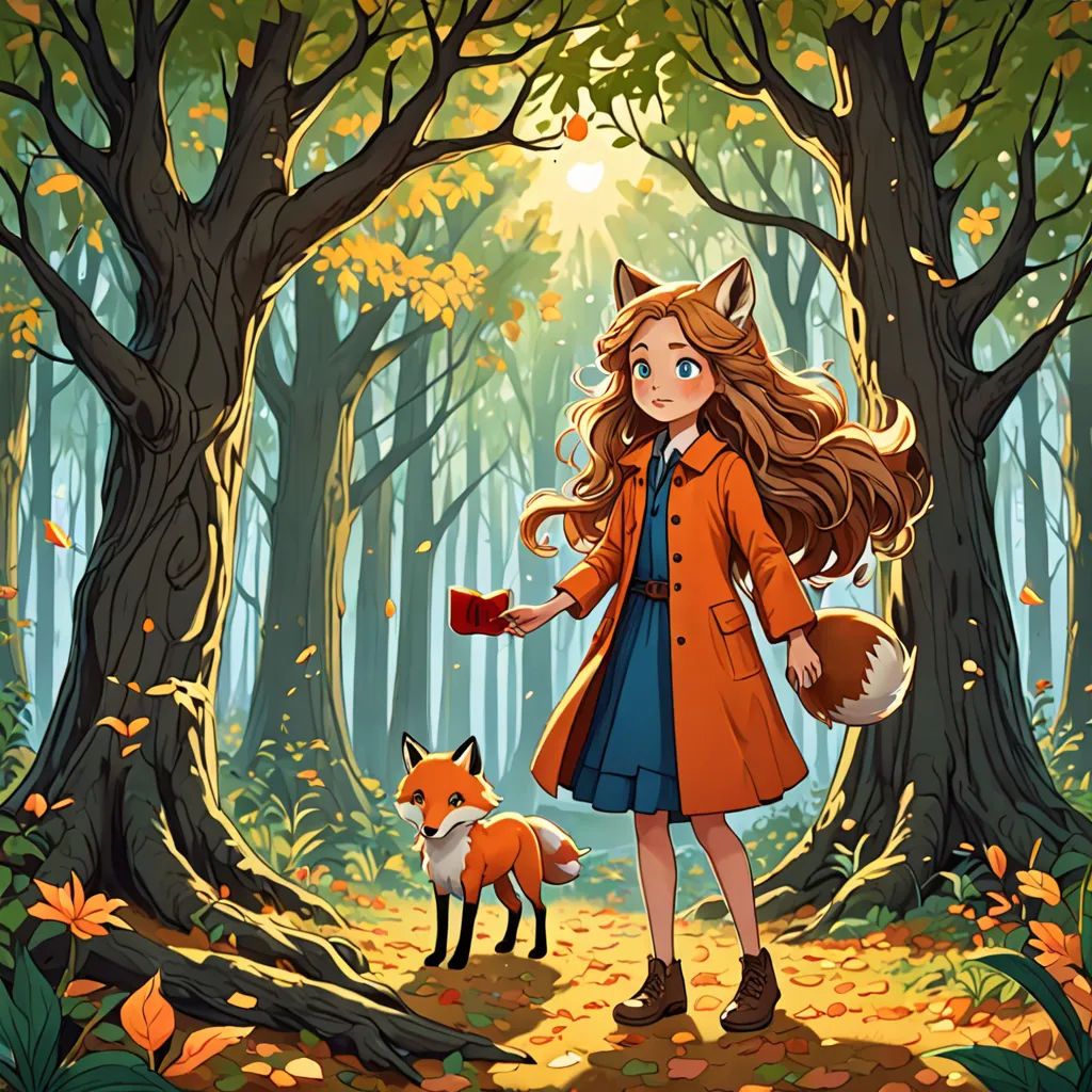 a girl in a red coat is holding a cup and a fox in a forest with leaves and trees, fantasy art, a storybook illustration, Cliff Childs, official art