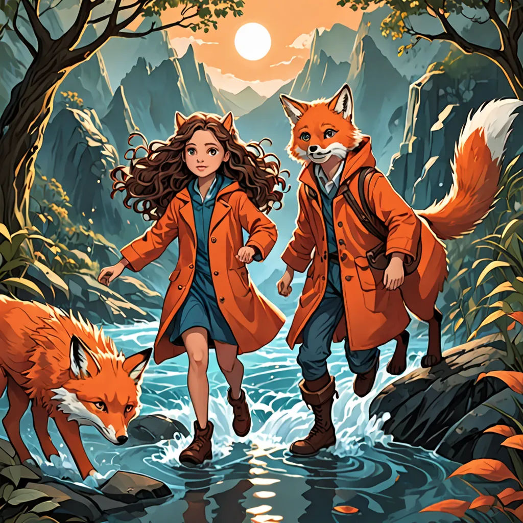 a couple of people that are walking in the water with foxes on their backs and a fox on their back, fantasy art, a storybook illustration, Dan Mumford, official art