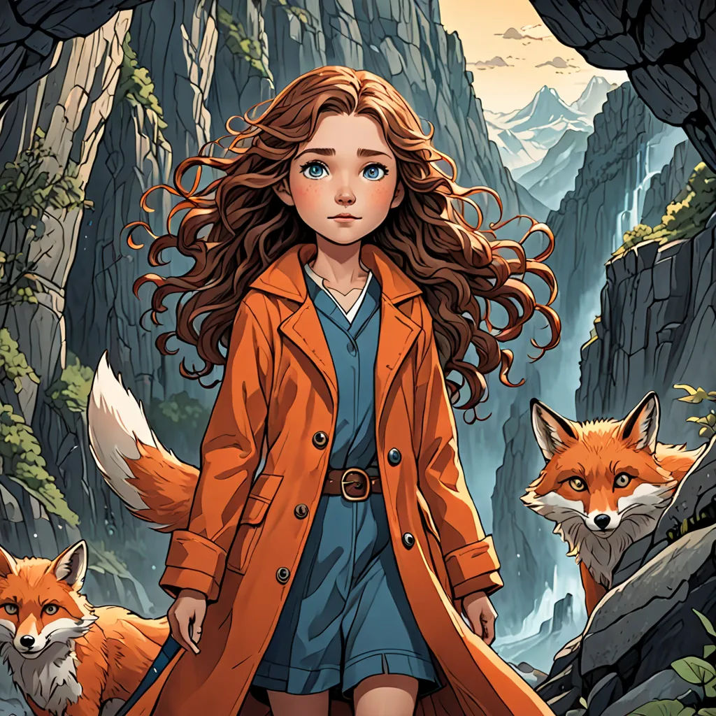 a girl in a red coat is walking through a forest with two foxes and a fox behind her is a mountain, fantasy art, a storybook illustration, Cliff Childs, comic cover art