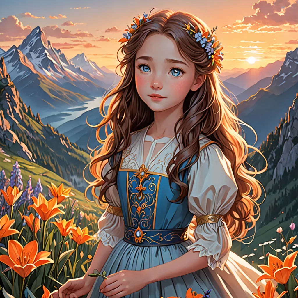 a painting of a girl in a blue dress standing in a field of flowers with mountains in the background, fantasy art, a storybook illustration, Alice Prin, rossdraws global illumination
