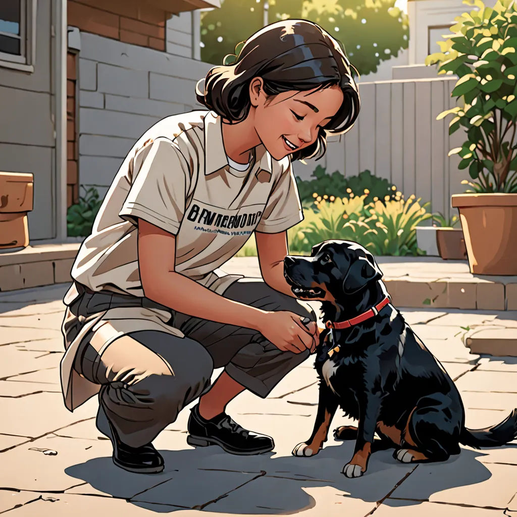a woman kneeling down petting a black dog on a patio next to a house and a potted plant, american scene painting, a comic book panel, F Scott Hess, official art