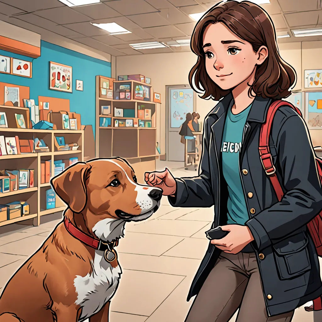 a woman petting a dog in a bookstore with a dog on the floor and a book shelf in the background, american scene painting, a comic book panel, Cedric Seaut (Keos Masons), official art