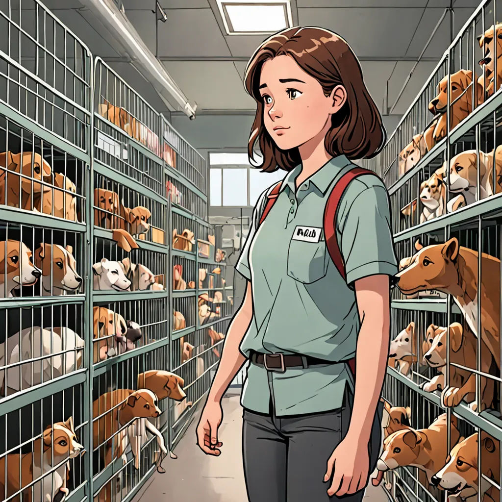 a woman in a dog kennel with many dogs in cages behind her, looking at the camera,, serial art, a comic book panel, David Park, official art