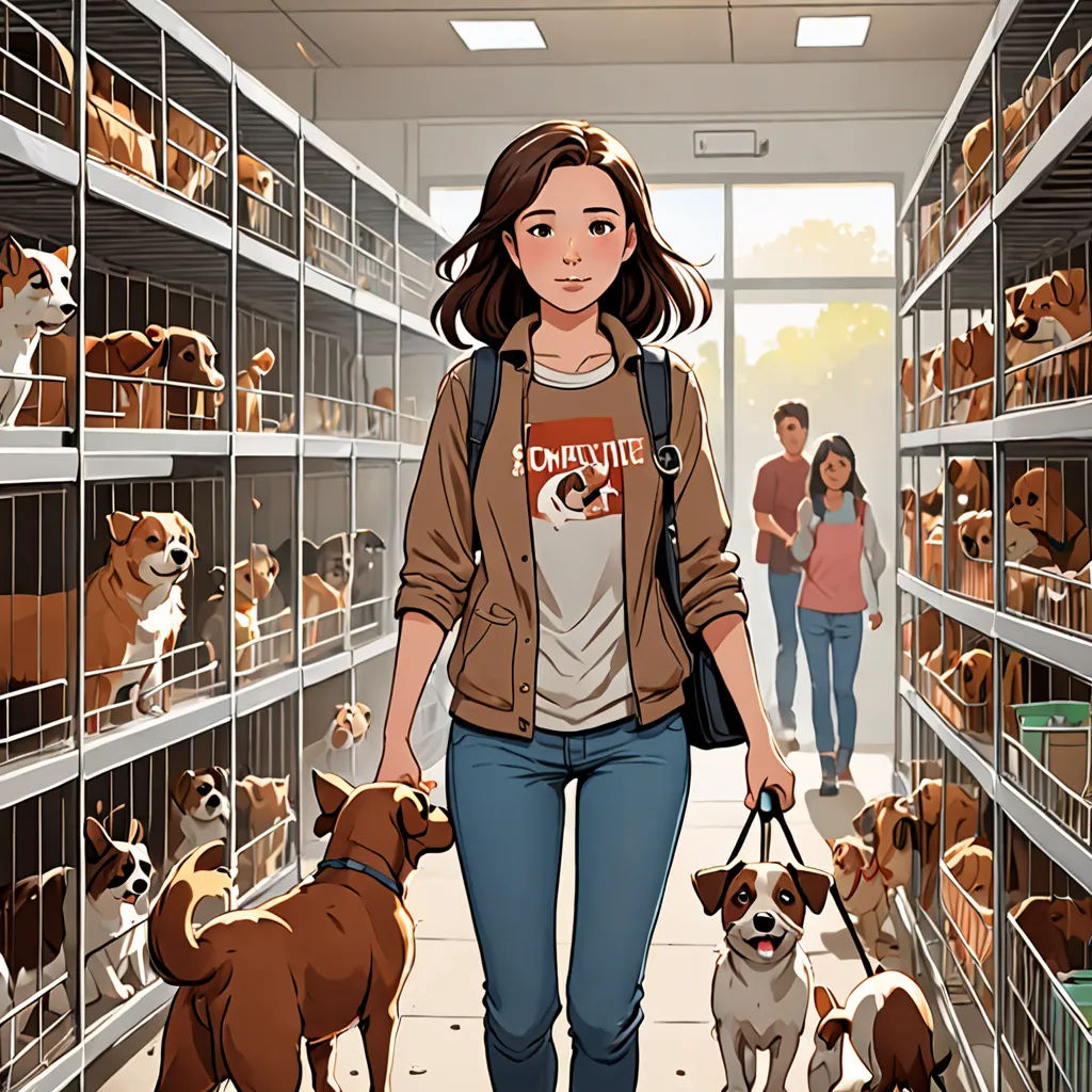 a woman walking two dogs in a dog kennel with a lot of dogs on the shelves behind her, furry art, a comic book panel, David Park, comic cover art