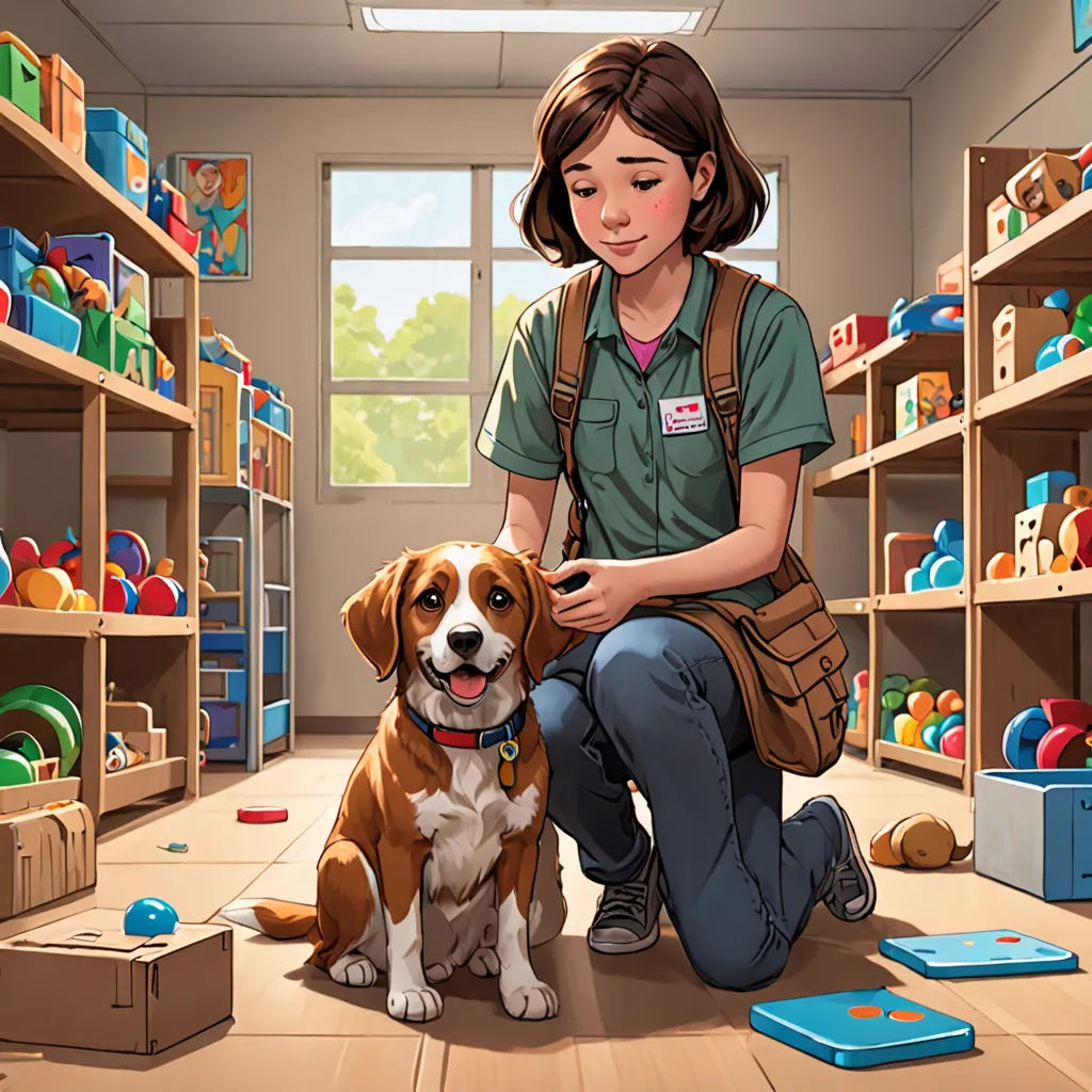 a woman kneeling down next to a dog in a room full of toys and bookshelves with a dog sitting on the floor, american scene painting, a storybook illustration, Chris LaBrooy, official art
